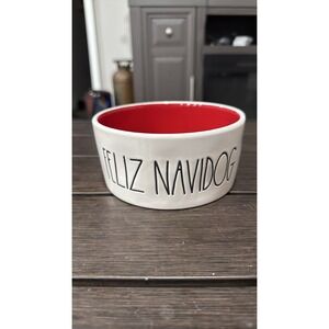 Rae Dunn FELIZ NAVIDOG Dog Bowl Ceramic RedWhite Christmas Holiday Pet Dish used
